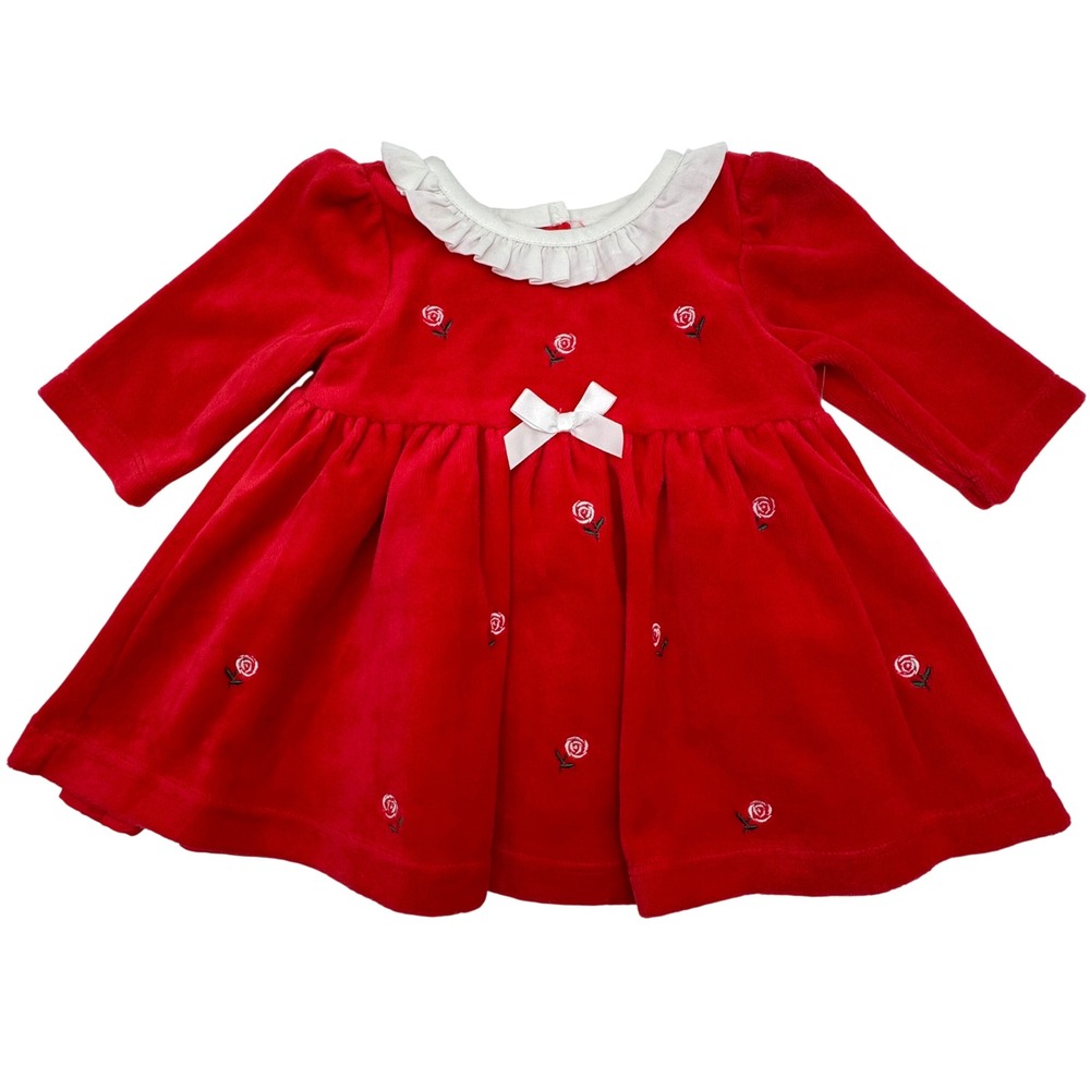 Little Me Baby Girls 3M Red Velour‎ Dress Embroidered Roses White Ruffles Bow